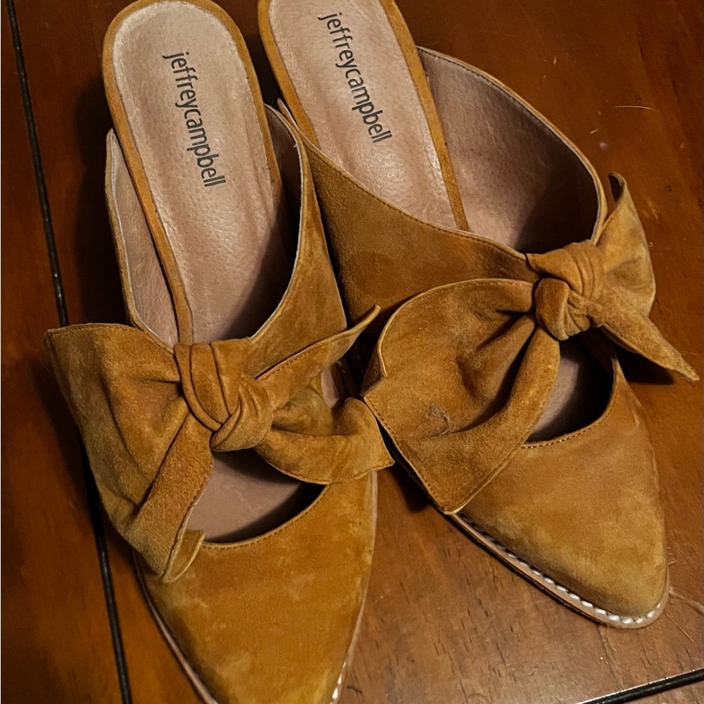 Jeffrey Campbell Cyrus Gold/Mustard Suede Knot Pointed Mules